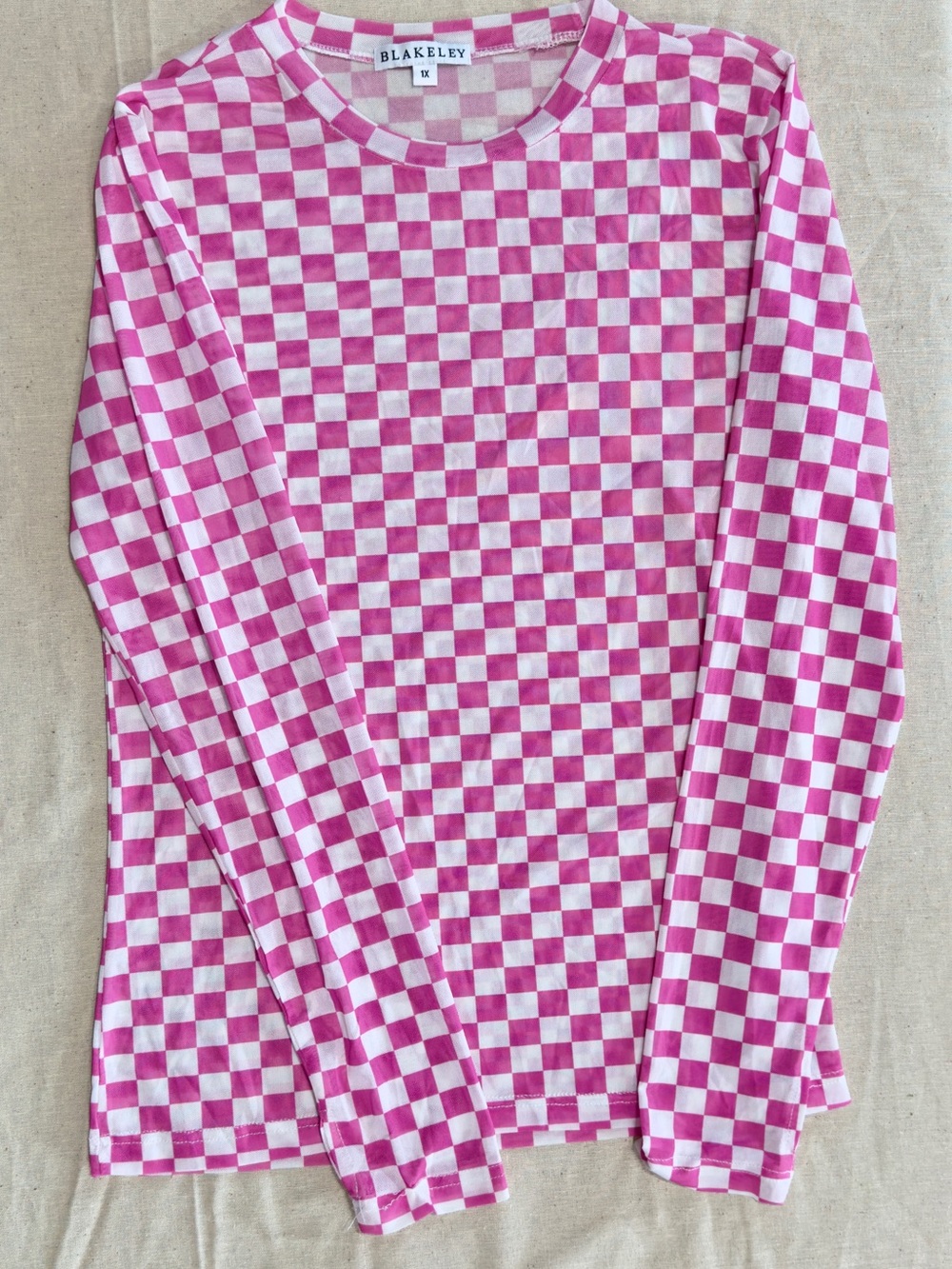 BLAKELEY Pink and White Checkered Mesh Long Sleeve Top